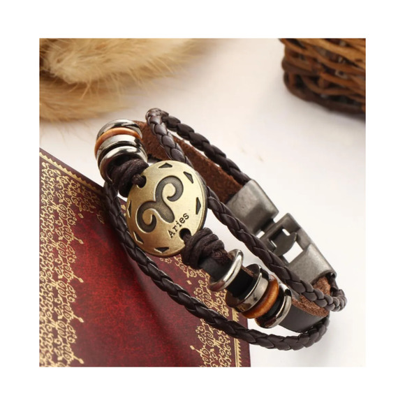 12 Constellation Zodiac Charm Leather Bracelet Hand Made Men Women Unisex Bangle - Picture 8 of 10
